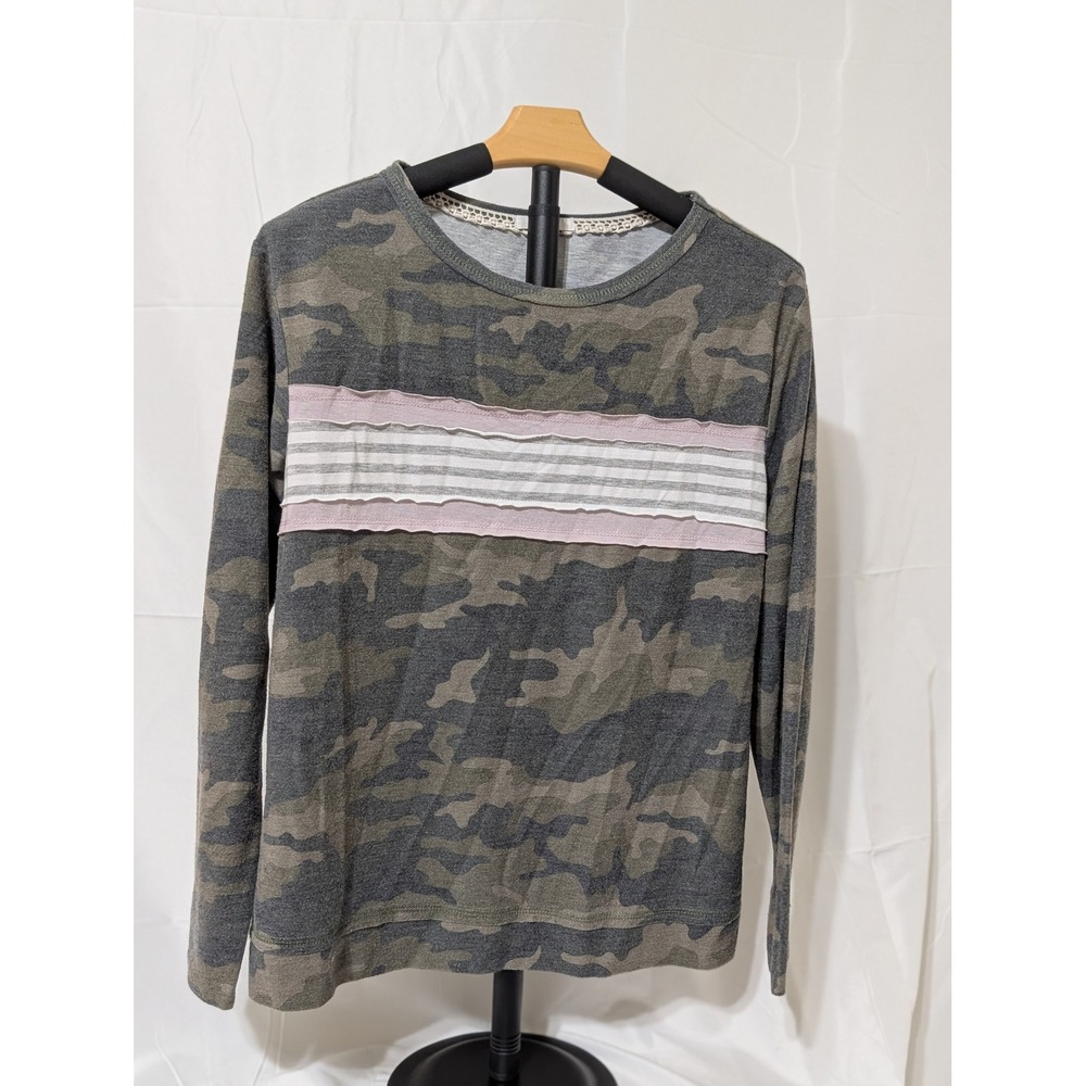 Maurices Womens Camo Long Sleeve Top Green Pink Striped Chest Panel Crew Neck